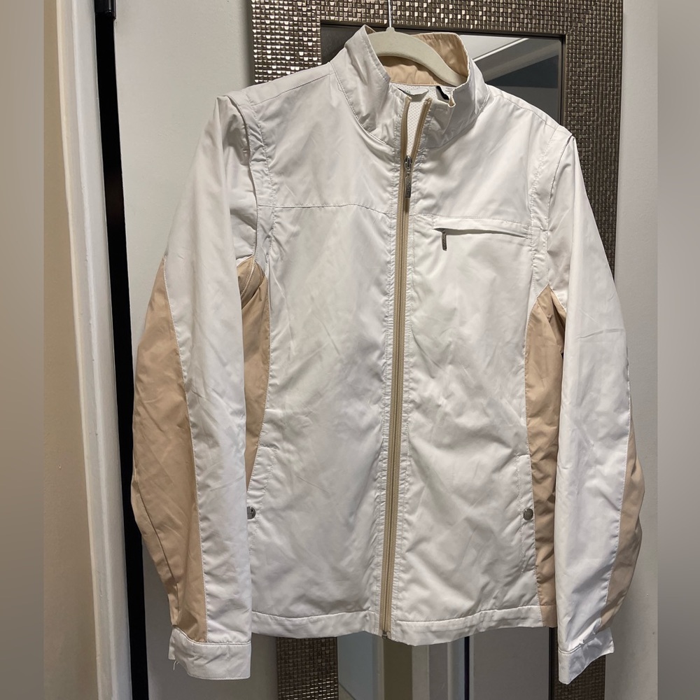 Izod ⛳️full zip windbreaker with detachable sleeves, tan & white, size Medium